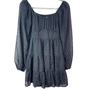 Altar'd State Black Gold Dot Tiered Mini Dress Long Sleeve Size Small‎
